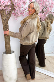Suede meets leather look jacket - Taupe