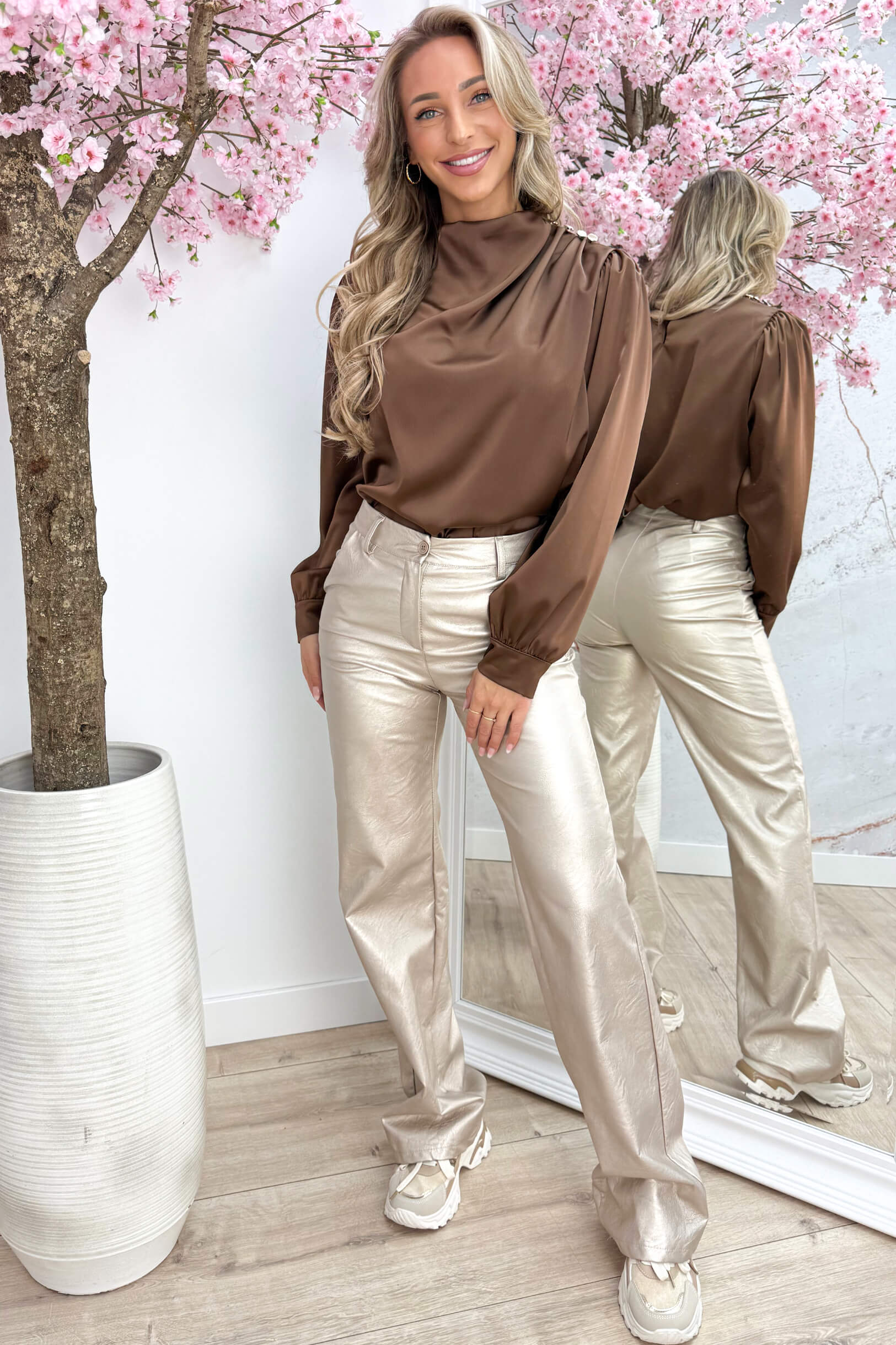 Glossy gold button topje - Cognac