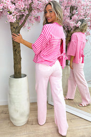 Bow stripe topje - Lollypop roze
