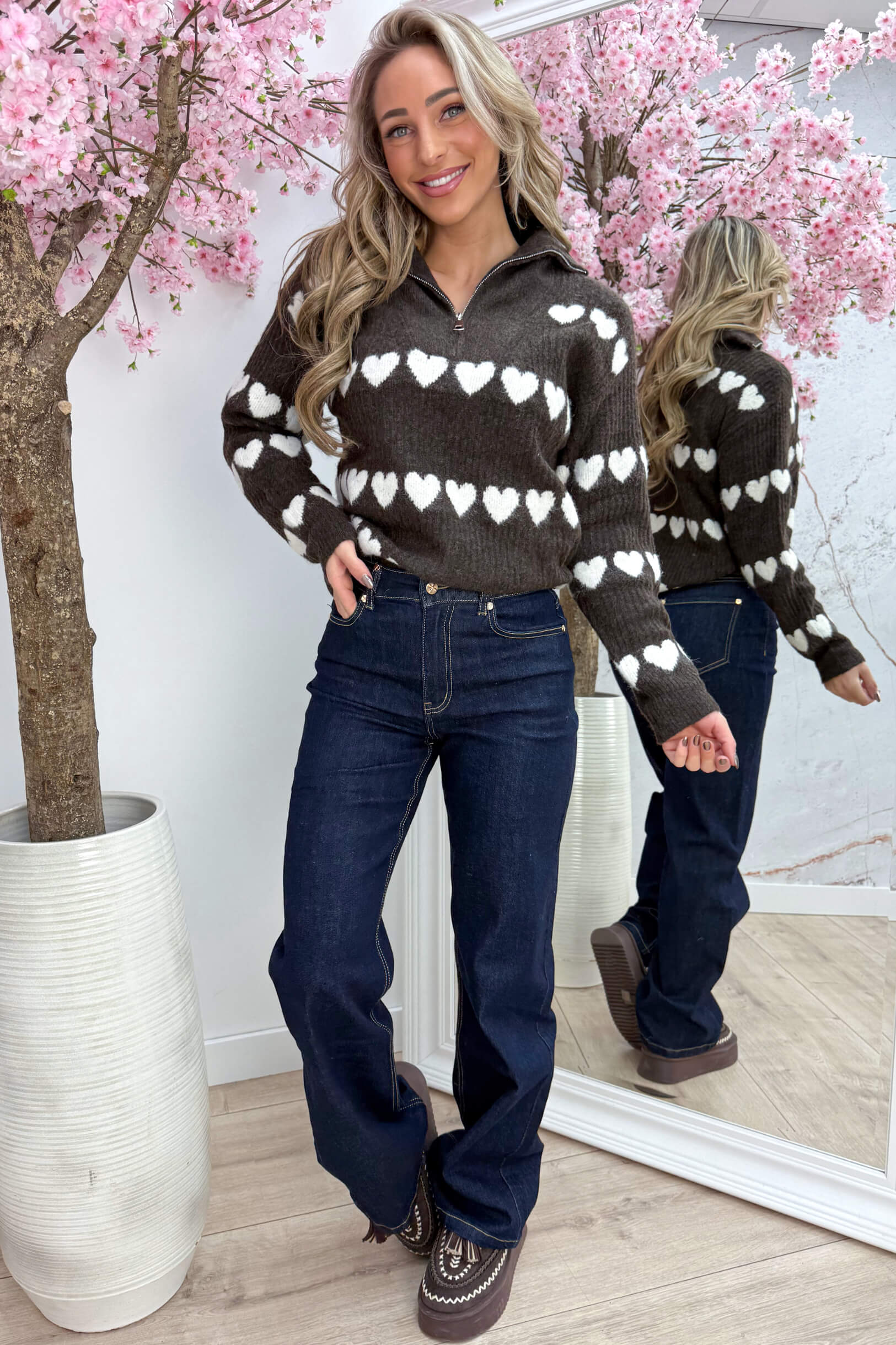 Hearts zipper trui - Bruin