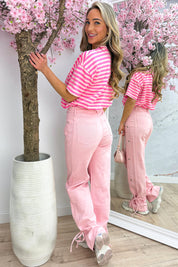 Bonjour stripe T-shirt - Lollypop roze