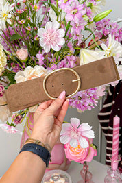 Suede look glitter stretch riem - Taupe