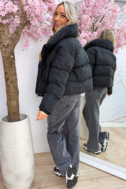 Puffy in suede look winterjas - Zwart