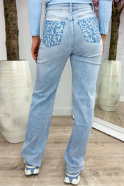 Popular leopard diamond straight leg jeans - Sky blue