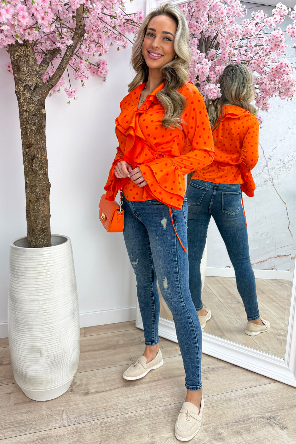 Polkadot ruffle blouse - Oranje