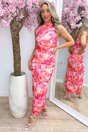Blushing bloom mesh maxi dress - Roze