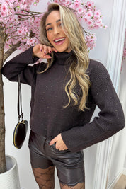 Diamond knitted coll trui - Bruin