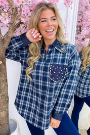 A little check a lot of sparkle blouse - Navy