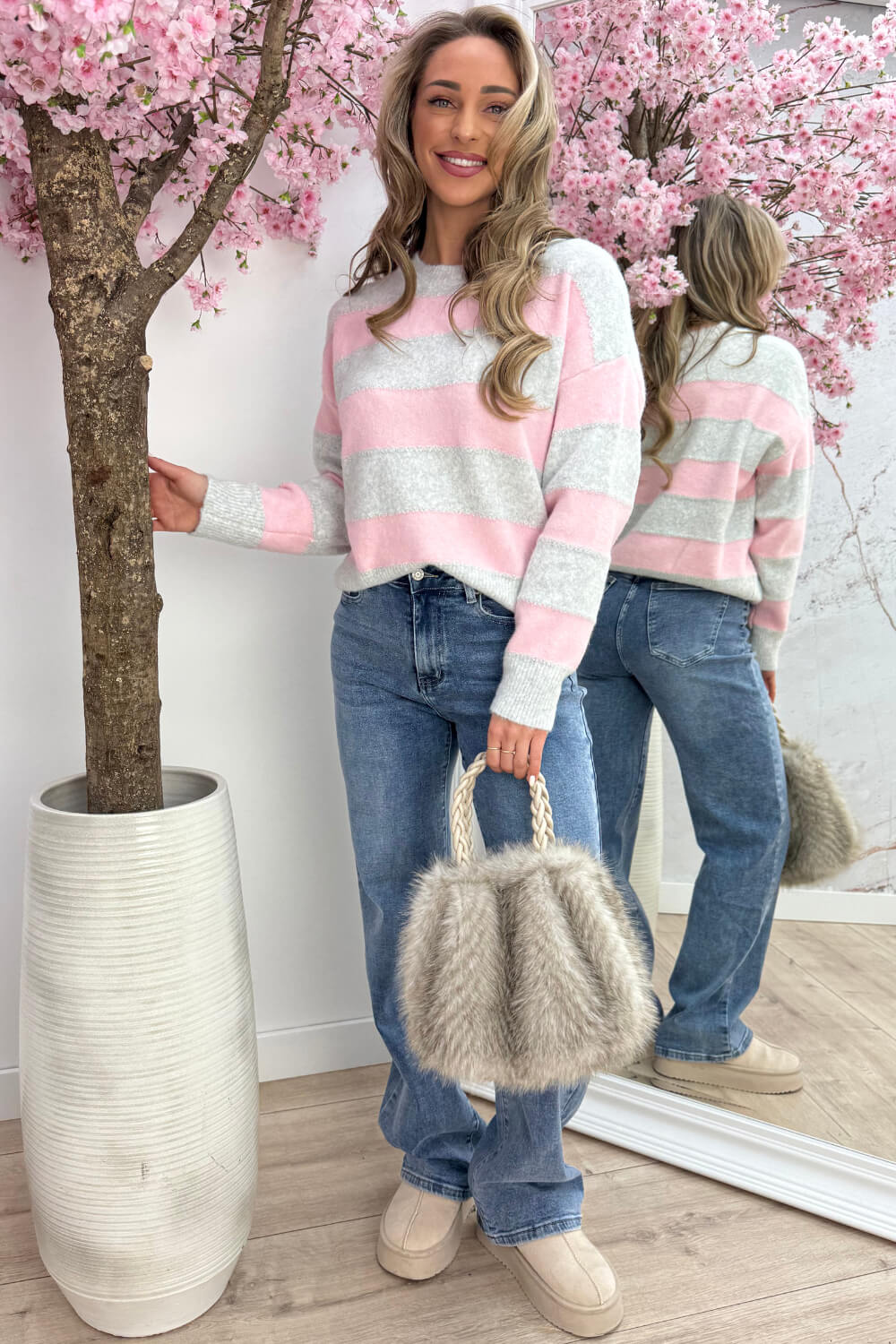 Lurex stripe trui - Lt. grijs