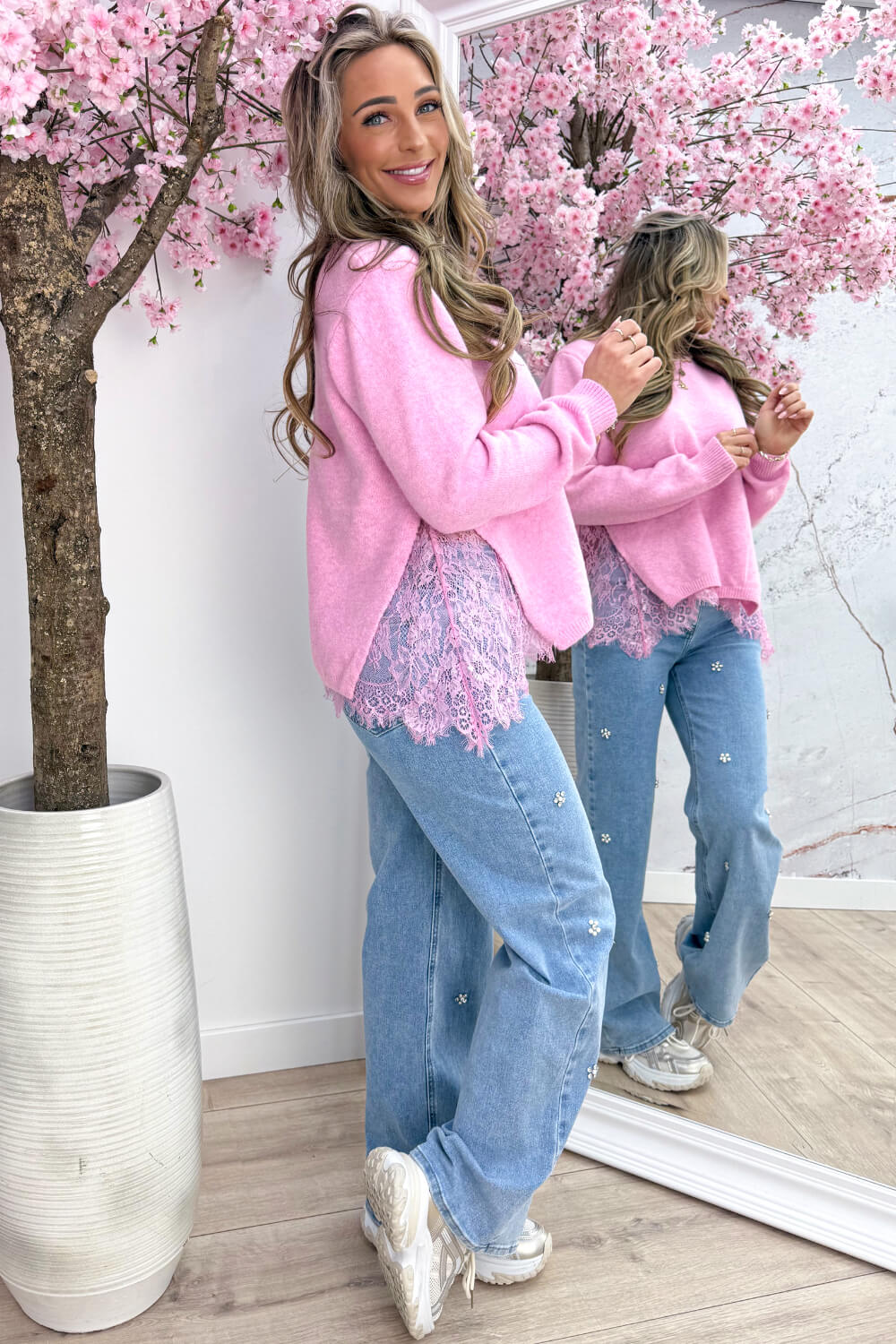 Twice as nice lace trui - Lollypop roze