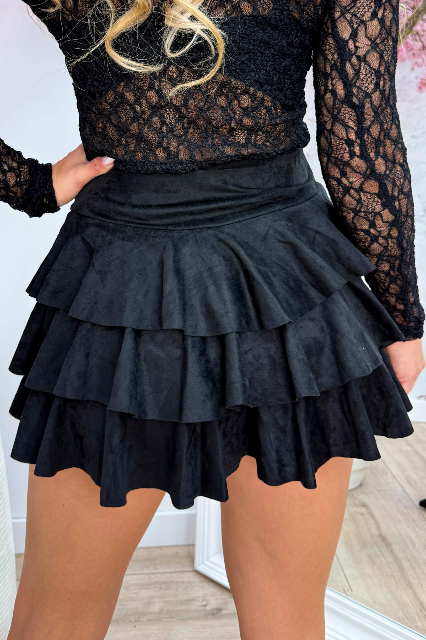 Belted suede look layered skort - Zwart