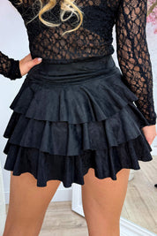 Belted suede look layered skort - Zwart
