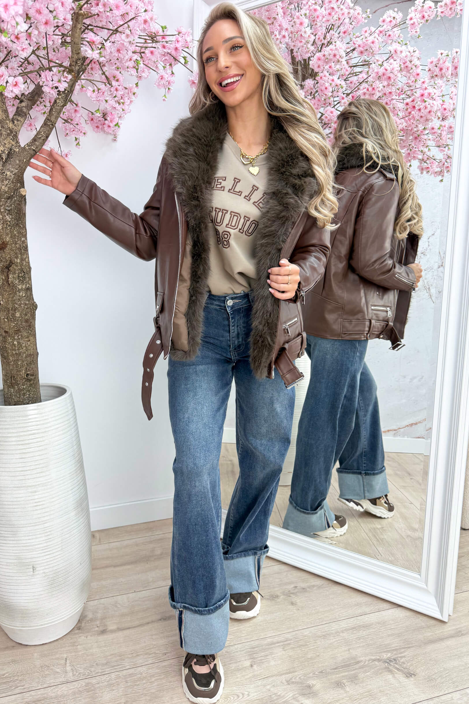 Furry leather look jacket - Bruin