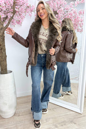 Furry leather look jacket - Bruin