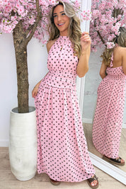 Polkadot halter maxi dress - Roze