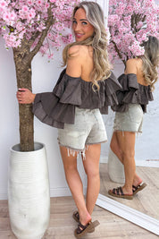 Boho cotton off shoulder topje - Bruin