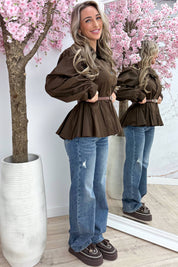 Cotton flairy blouse (Incl. riem) - Bruin