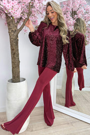 Velvet paillet bow topje - Bordeaux