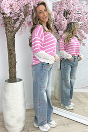 Lace stripe trui - Fuchsia