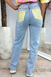 Popular leopard diamond straight leg jeans - Geel