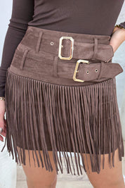 Belted suede look fringe skirt - Bruin