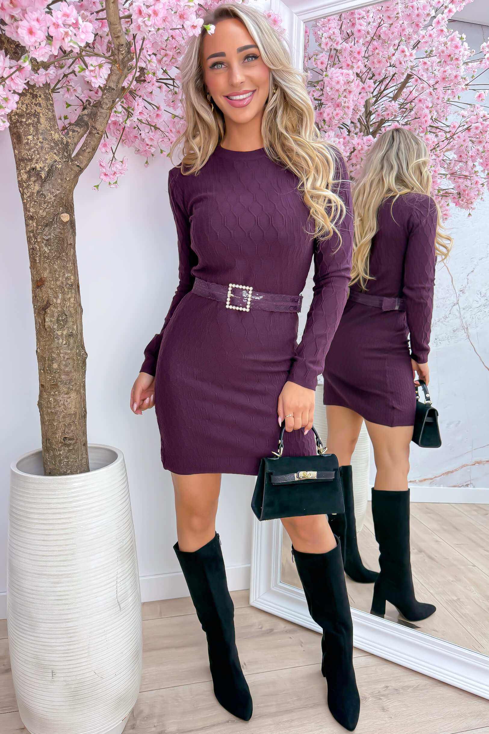 Pretty in pearls cable dress (Incl. riem) - Berry purple