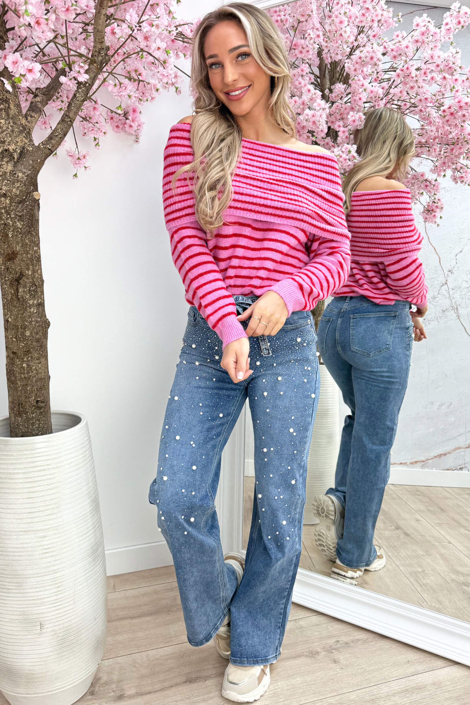 Off shoulder stripe trui - Lollypop roze