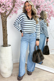 Striped zipper trui - Sky blue