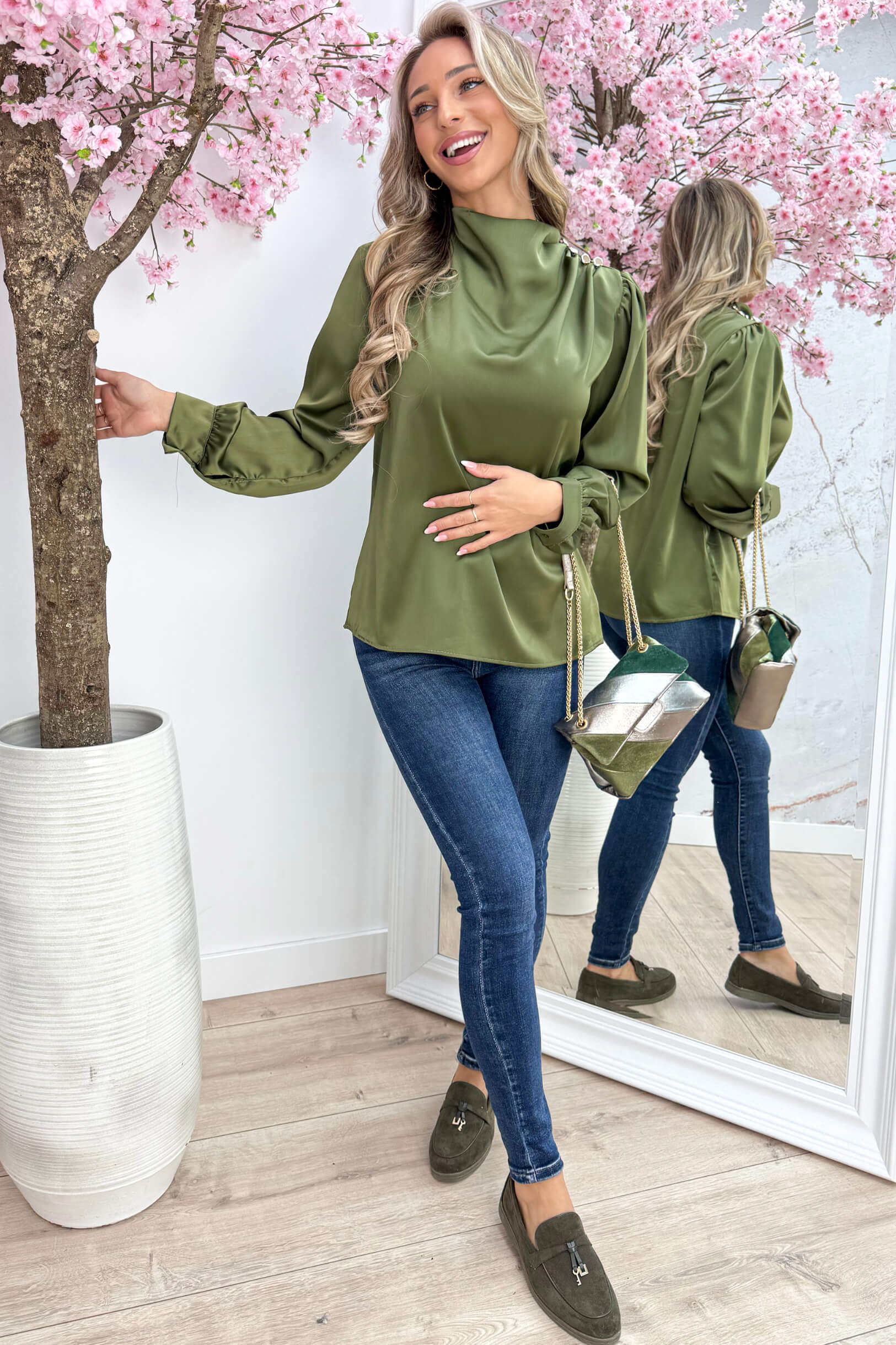 Glossy gold button topje - Army