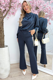 Glossy gold button topje - Navy