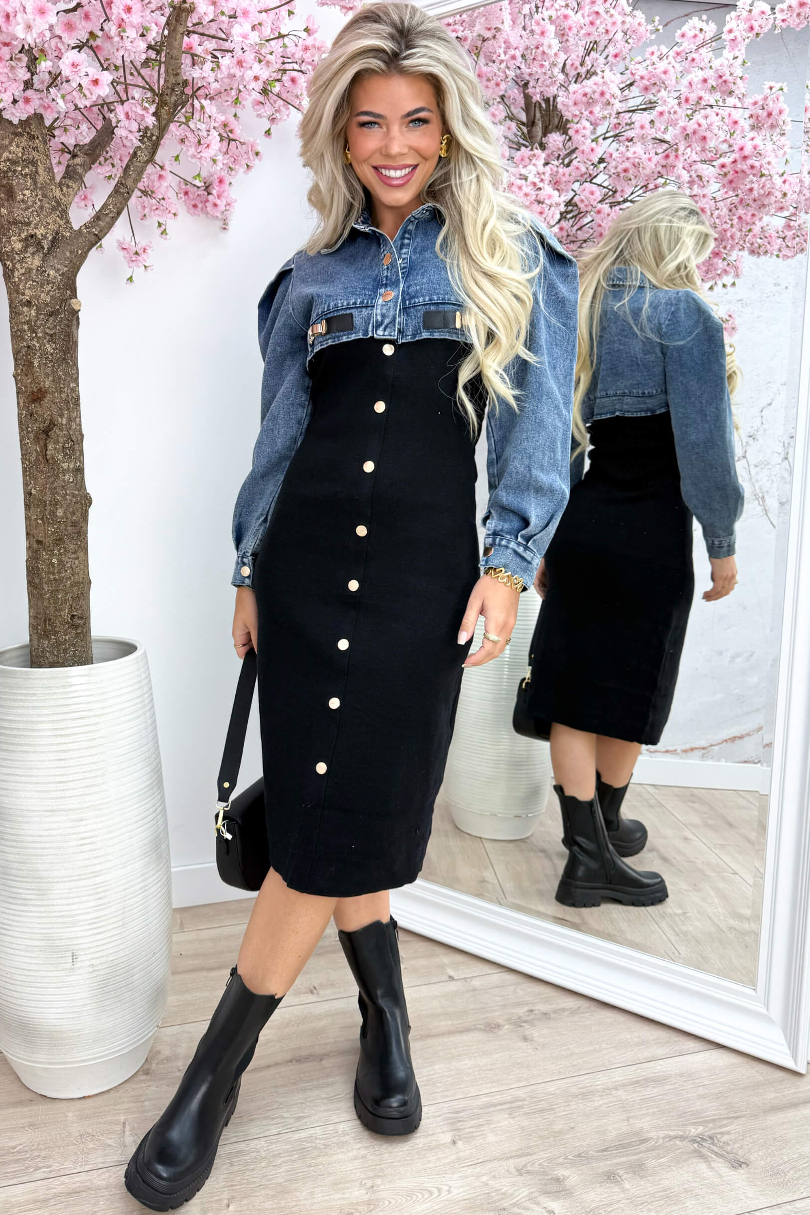 Gold detail denim dress - Zwart