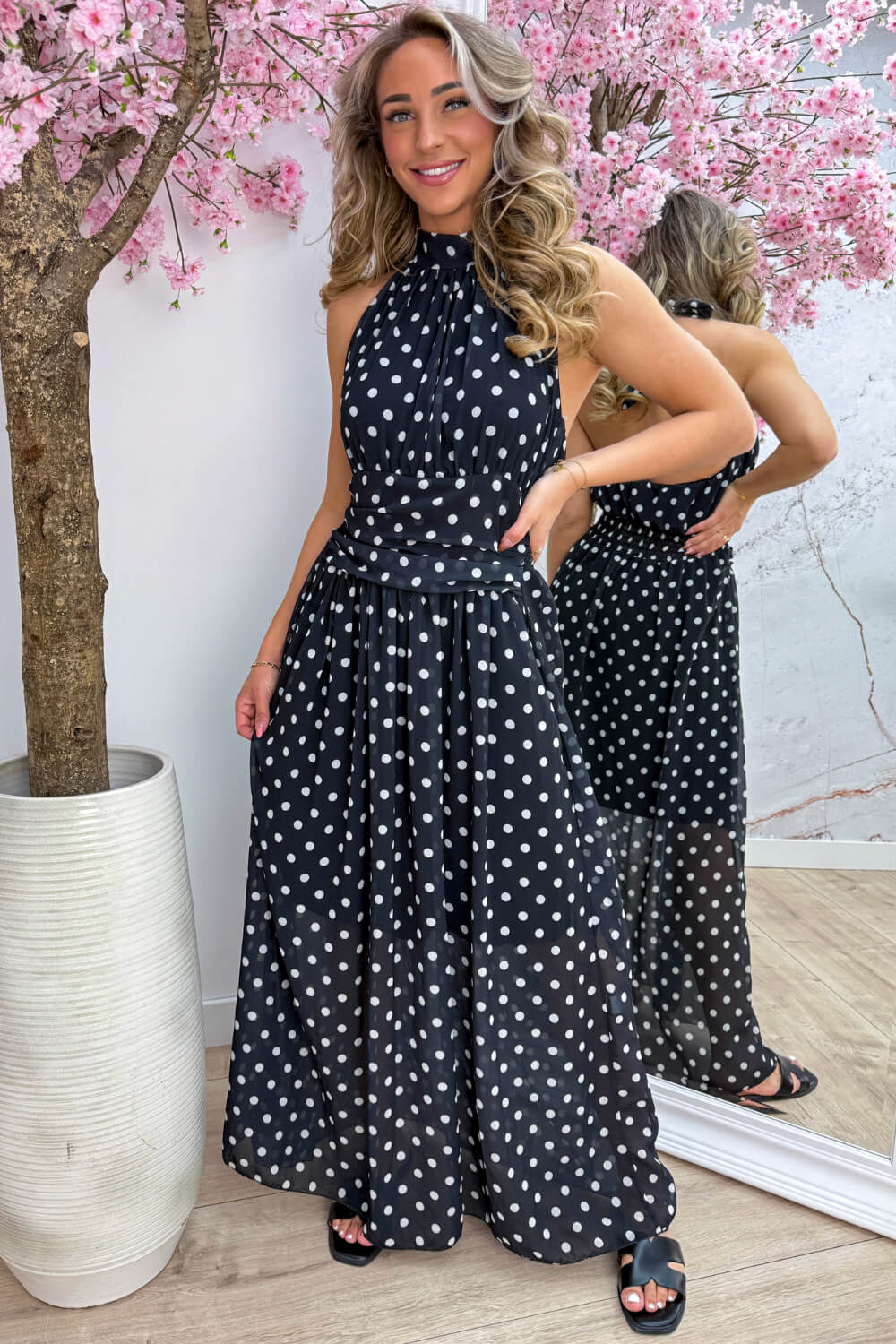 Polkadot halter maxi dress - Zwart