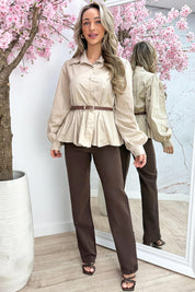 Cotton flairy blouse (Incl. riem) - Beige