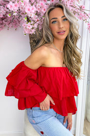 Boho cotton off shoulder topje - Rood