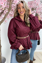 Cotton flairy blouse (Incl. riem) - Bordeaux