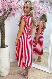 Striped cotton ruffle dress - Lollypop roze