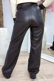 Leather look straight leg pants - Dk. Bruin