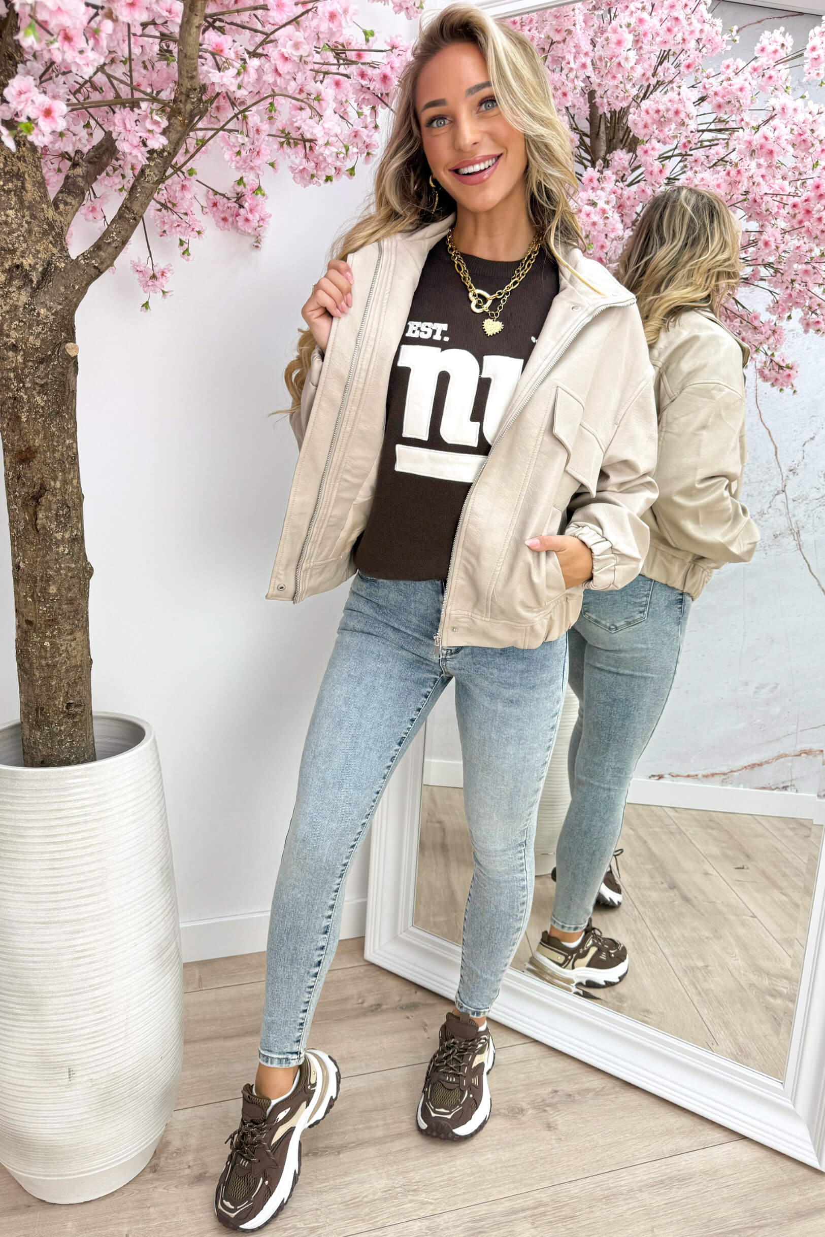 Oversized leather look jacket - Beige
