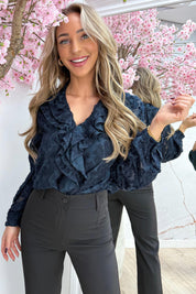 Furry flowers ruffle topje - Navy