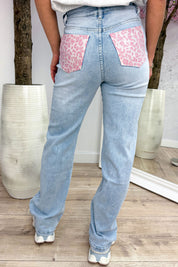Popular leopard diamond straight leg jeans - Roze