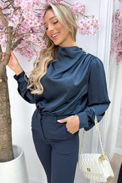 Glossy gold button topje - Navy