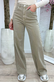 Studded wide leg jeans 3378-2-50 - Beige