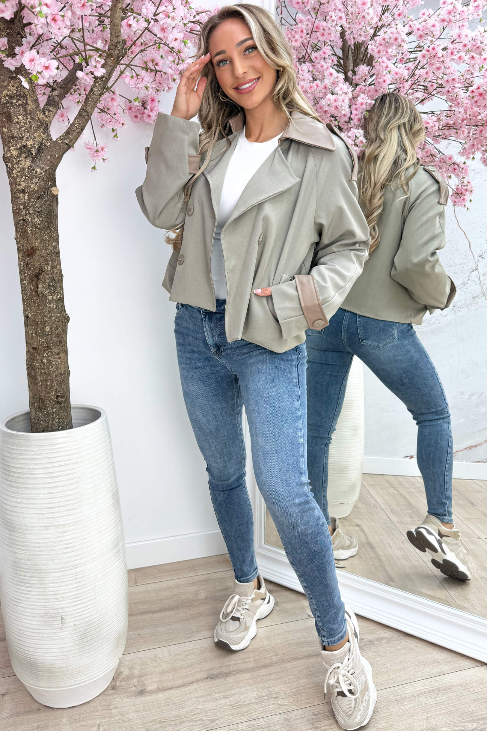 Leather look details trenchcoat - Lt. taupe