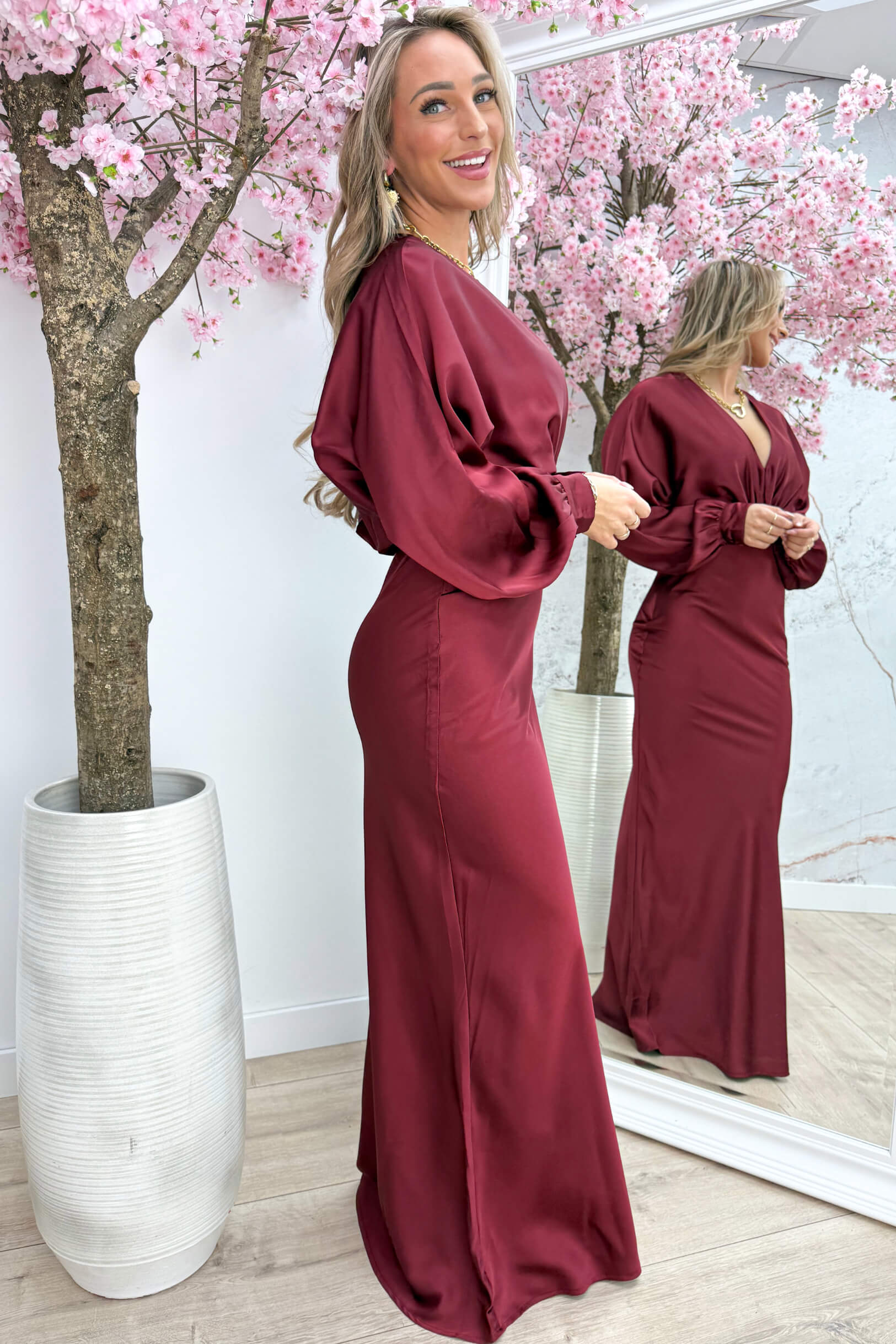 bordeaux satin dress BORDEAUX DRESS WITH DRAPED NECKLINE