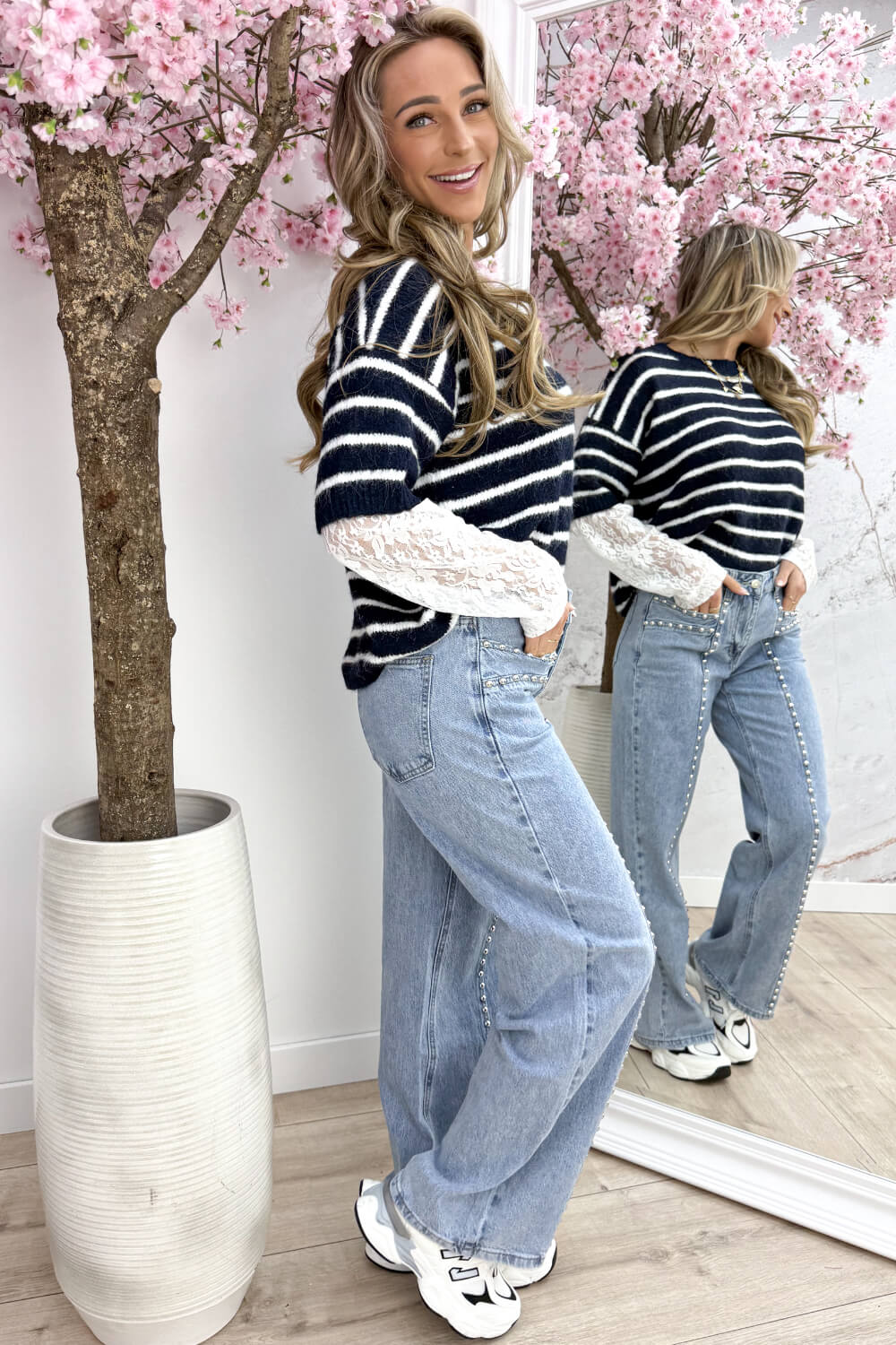 Lace stripe trui - Navy