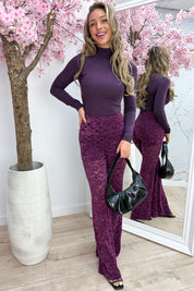 Velvet lace flair pants - Berry purple