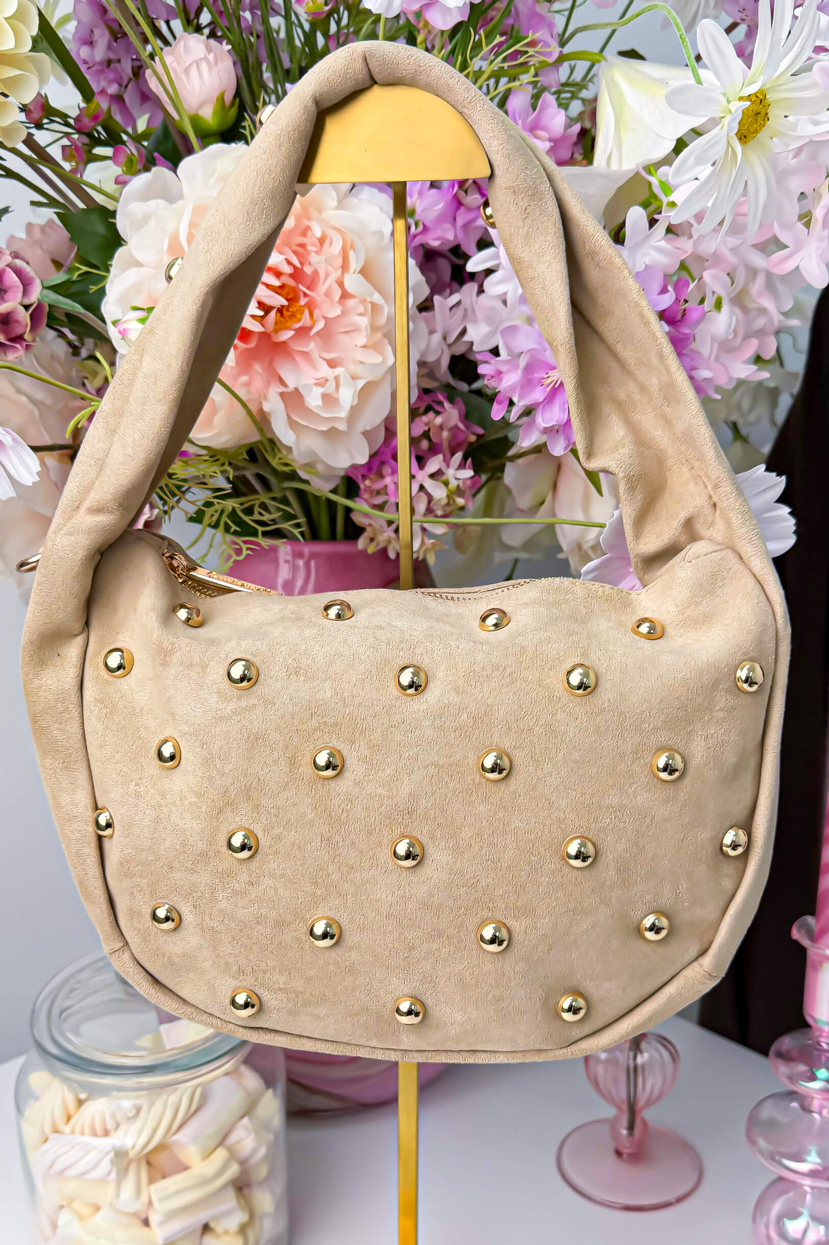 Suede stud bag - Beige