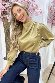 Glossy gold button topje - Camel