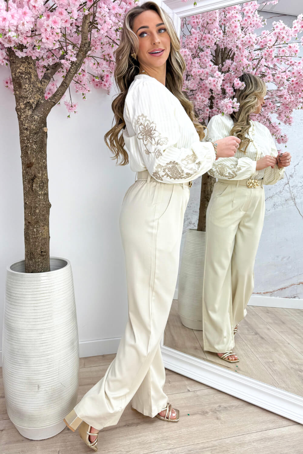 Striped and stitched blouse - Beige