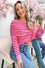 Off shoulder stripe trui - Lollypop roze